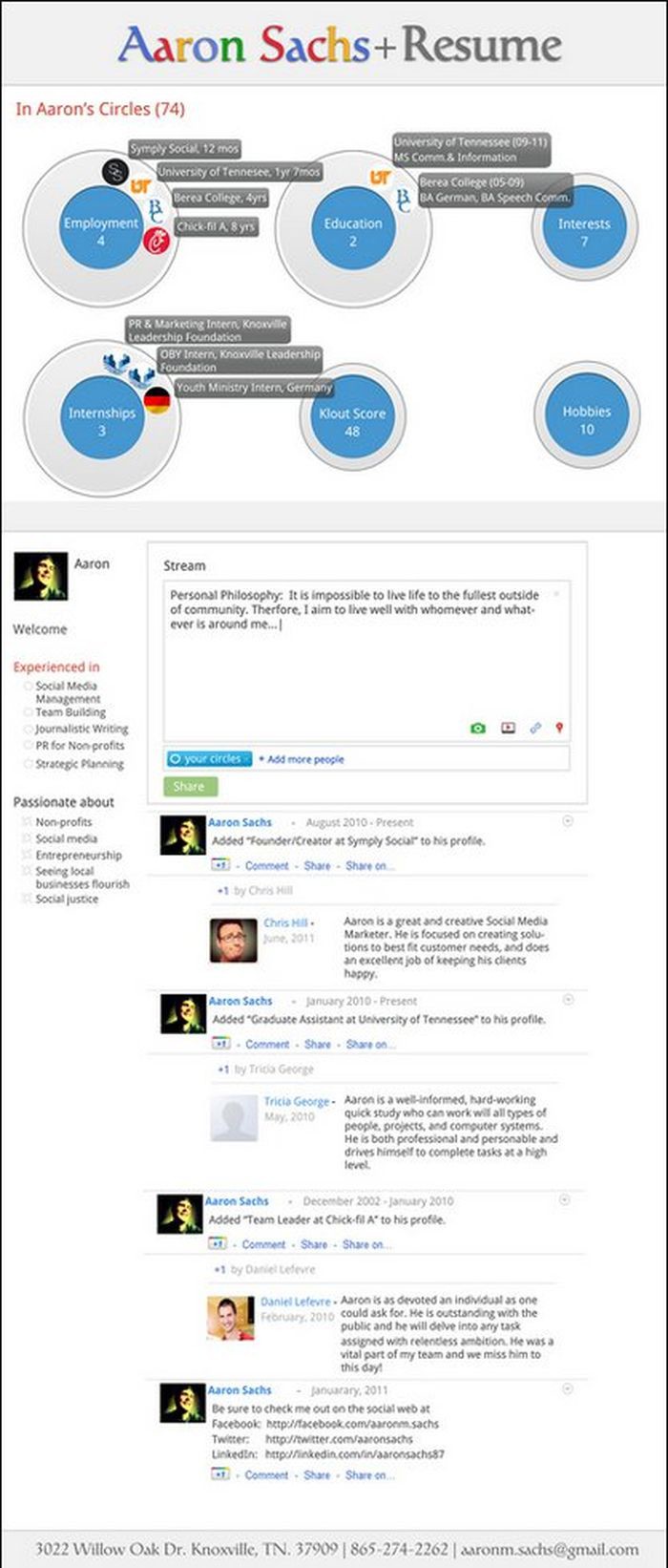 8. Аарон Сакс создал резюме, на которое его вдохновил Google+. люди, работа, резюме