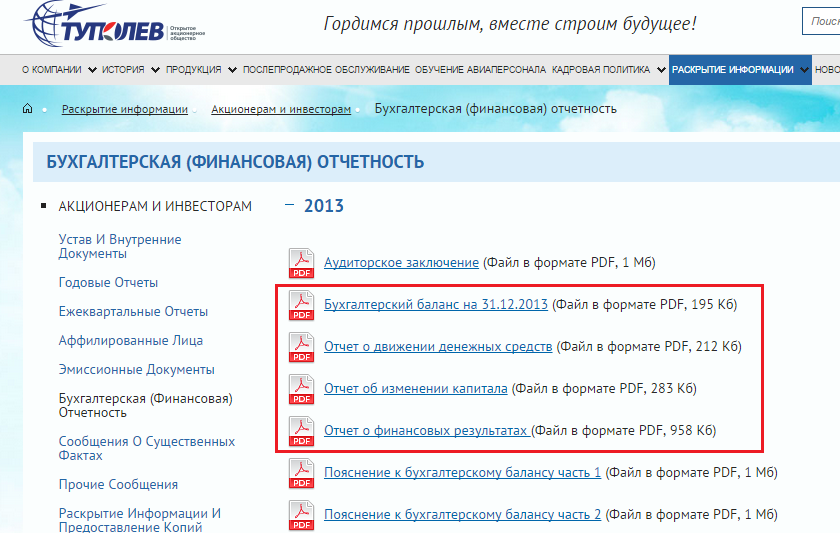 Формы финансовой отчетности ОАО "Туполев" на сайте компании