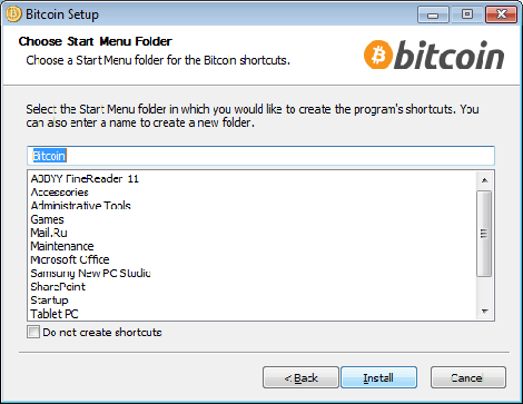 Указываем название ярлыка bitcoint которое будет отображаться в меню пуск-все программы