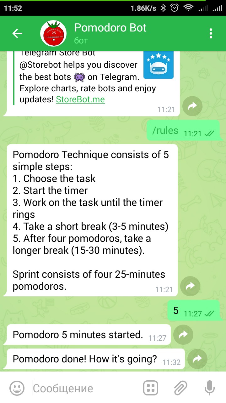 PomodoroBot для Telegram
