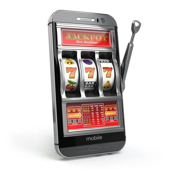 Онлайн казино концепции. Мобильный телефон и слот-машина с победитель — стоковое фото