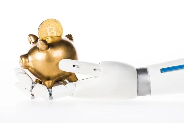 Крупным Планом Вид Роботизированная Рука Золотой Копилка Использованием Bitcoin Изолированные — стоковое фото