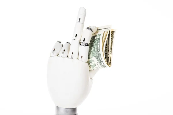 Крупным Планом Вид Роботизированная Рука Доллар Банкноты Изолированные Белом Фоне — стоковое фото