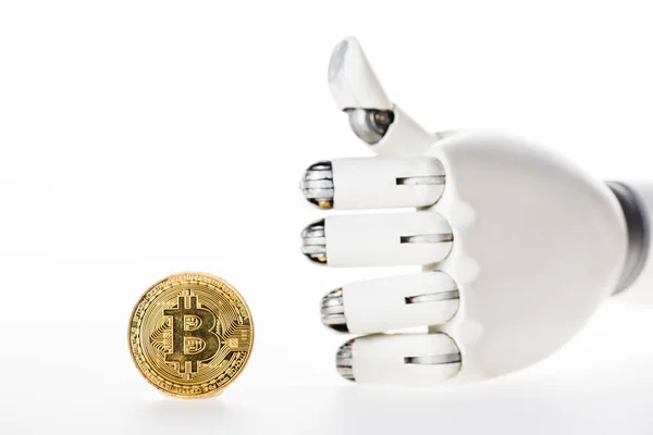 Крупным Планом Вид Bitcoin Манипулятор Показаны Пальца Вверх Изолированные Белом — стоковое фото