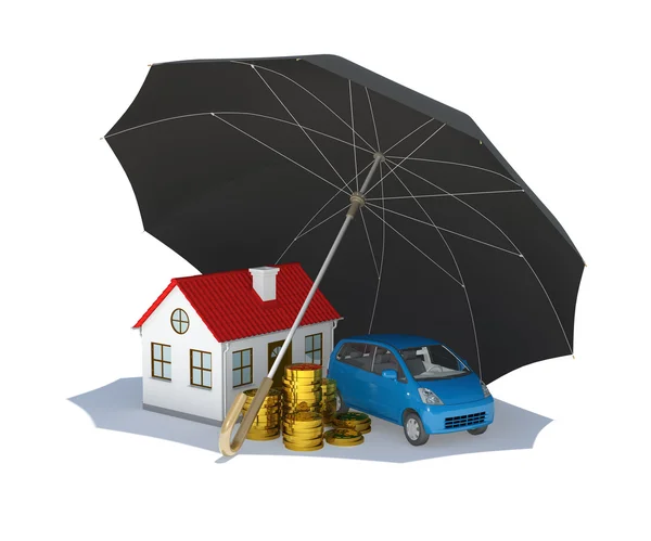 Черный зонт охватывает дом, автомобиль и деньги — стоковое фото